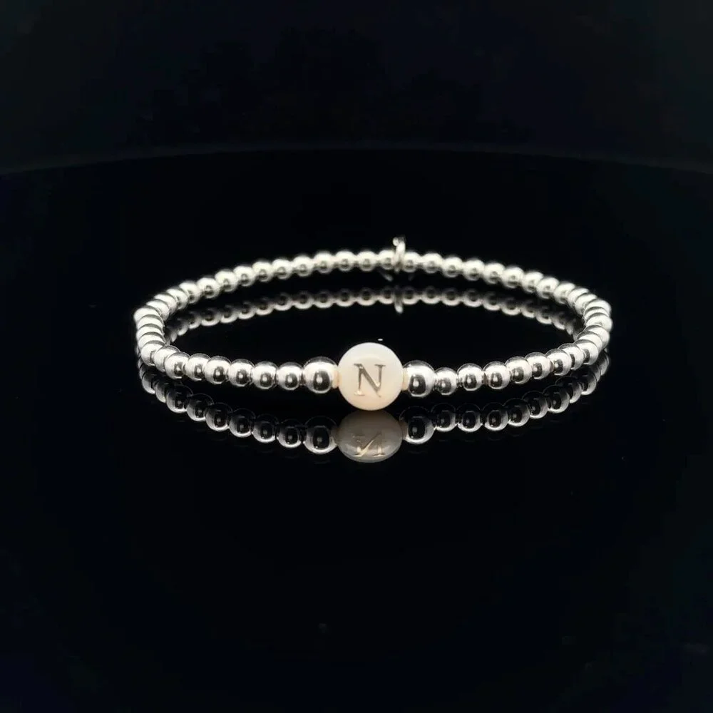 925 Sterling Silver Beaded Stretch Stacking Bracelet MOP Letter Initial N - Picture 1 of 6